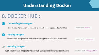 Searching for Images:
Use the docker search command to search for images on Docker Hub:
Pulling Images:
Pull Docker images from Docker Hub using the docker pull command:
Pushing Images:
Push local Docker images to Docker Hub using the docker push command :
Understanding Docker
Understanding Docker
8. DOCKER HUB :
29
 