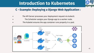 C - Example: Deploying a Django Web Application :
Introduction to Kubernetes
Introduction to Kubernetes
The API Server processes your deployment request via kubectl.
The Scheduler assigns your Django app to a worker node.
The Kubelet ensures the app container runs properly in a pod.
43
 
