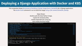 53
This screenshot shows the process of building a Docker image from a Dockerfile for a Django application:
The docker build command is run to build the image using a file named Dockerfile_Django.
Steps Shown:
Docker pulls the base Python image,
Copies the necessary files,
Installs dependencies using pip,
And creates the final image.
Deploying a Django Application with Docker and K8S
Deploying a Django Application with Docker and K8S
 