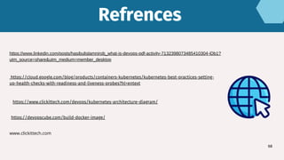 Refrences
Refrences
68
https://devopscube.com/build-docker-image/
https://www.linkedin.com/posts/hasibulislamnirob_what-is-devops-pdf-activity-7132398073485410304-jDb1?
utm_source=share&utm_medium=member_desktop
https://cloud.google.com/blog/products/containers-kubernetes/kubernetes-best-practices-setting-
up-health-checks-with-readiness-and-liveness-probes?hl=entext
www.clickittech.com
https://www.clickittech.com/devops/kubernetes-architecture-diagram/
 