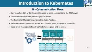 Introduction to Kubernetes
Introduction to Kubernetes
70
User Interface (UI) or CLI (kubectl) is used to send commands to the API Server.
The Scheduler allocates pods to specific nodes.
The Controller Manager maintains the cluster’s state.
Pods are created on worker nodes, and Kubelet ensures they run smoothly.
Kube-proxy manages network traffic between pods and services.
B - Communication Flow :
 