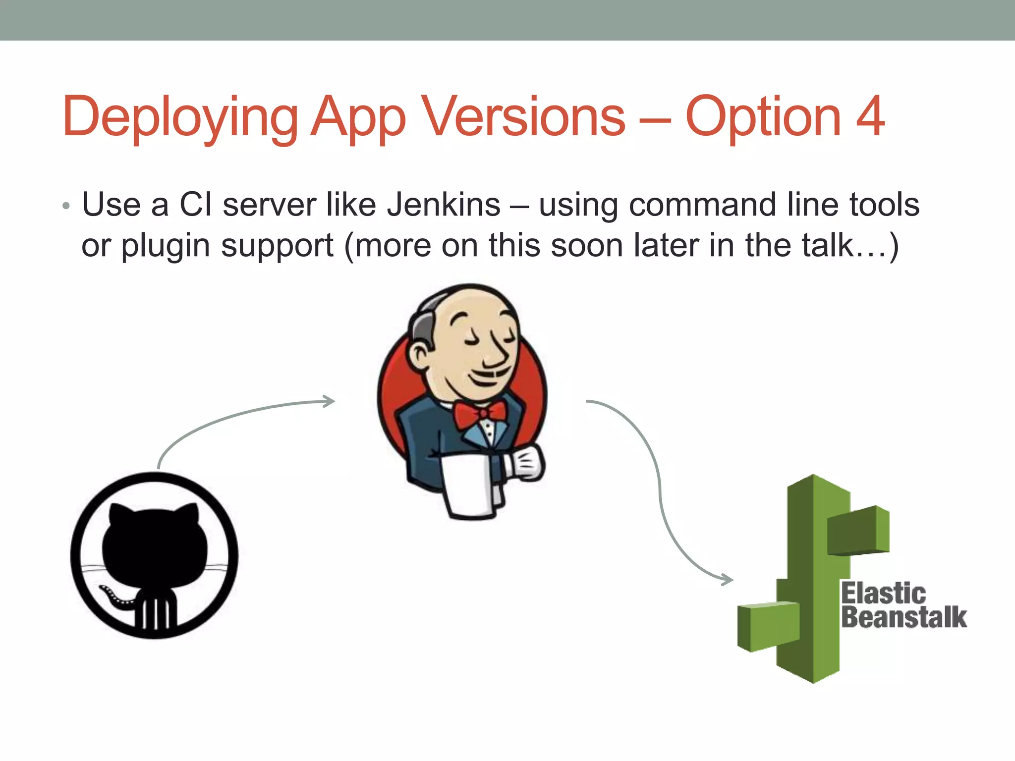 Deploying App Versions – Option 4 
• Use a CI server like Jenkins – using command line tools 
or plugin support (more on this soon later in the talk…) 
 