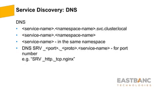 Service Discovery: DNS
DNS
• <service-name>.<namespace-name>.svc.cluster.local
• <service-name>.<namespace-name>
• <service-name> - in the same namespace
• DNS SRV _<port>._<proto>.<service-name> - for port
number
e.g. “SRV _http._tcp.nginx”
 
