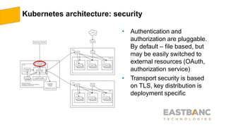 Kubernetes architecture: security
• Authentication and
authorization are pluggable.
By default – file based, but
may be easily switched to
external resources (OAuth,
authorization service)
• Transport security is based
on TLS, key distribution is
deployment specific
 