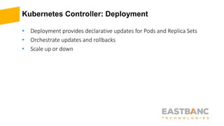 Kubernetes Controller: Deployment
• Deployment provides declarative updates for Pods and Replica Sets
• Orchestrate updates and rollbacks
• Scale up or down
 