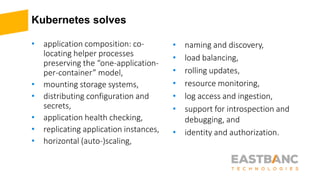 Kubernetes solves
• application composition: co-
locating helper processes
preserving the “one-application-
per-container” model,
• mounting storage systems,
• distributing configuration and
secrets,
• application health checking,
• replicating application instances,
• horizontal (auto-)scaling,
• naming and discovery,
• load balancing,
• rolling updates,
• resource monitoring,
• log access and ingestion,
• support for introspection and
debugging, and
• identity and authorization.
 