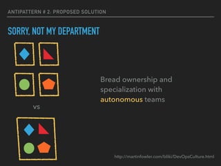 ANTIPATTERN # 2: PROPOSED SOLUTION
SORRY, NOT MY DEPARTMENT
Bread ownership and
specialization with
autonomous teams
vs
http://martinfowler.com/bliki/DevOpsCulture.html
 