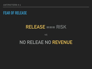 ANTIPATTERN # 4
FEAR OF RELEASE
RELEASE === RISK
NO RELEAE NO REVENUE
vs
 