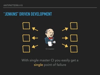 ANTIPATTERN # 6
“JENKINS” DRIVEN DEVELOPMENT
With single master CI you easily get a
single point of failure
CI master
 