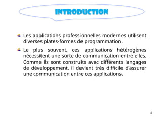 2
introduction
Les applications professionnelles modernes utilisent
diverses plates-formes de programmation.
Le plus souvent, ces applications hétérogènes
nécessitent une sorte de communication entre elles.
Comme ils sont construits avec différents langages
de développement, il devient très difficile d’assurer
une communication entre ces applications.
 