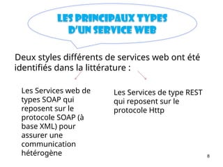 8
Deux styles différents de services web ont été
identifiés dans la littérature :
Les principaux types
d’un service web
Les Services web de
types SOAP qui
reposent sur le
protocole SOAP (à
base XML) pour
assurer une
communication
hétérogène
Les Services de type REST
qui reposent sur le
protocole Http
 