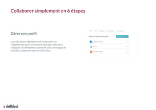 Gérer son profil
Les utilisateurs sélectionnent et ajoutent les
compétences qu’ils souhaitent partager avec leurs
collègues. Ils démarrent l’aventure avec un budget de
minutes à dépenser pour se faire aider.
Collaborer simplement en 6 étapes
 