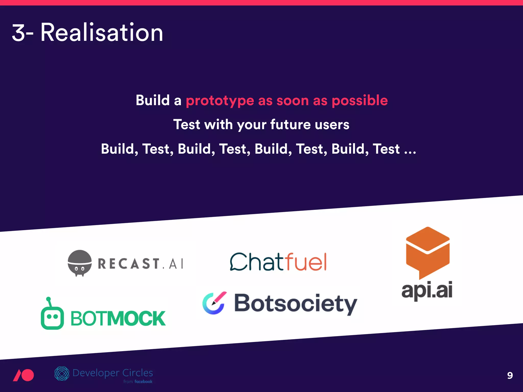 9
Build, Test, Build, Test, Build, Test, Build, Test …
3- Realisation
Test with your future users
Build a prototype as soon as possible
 