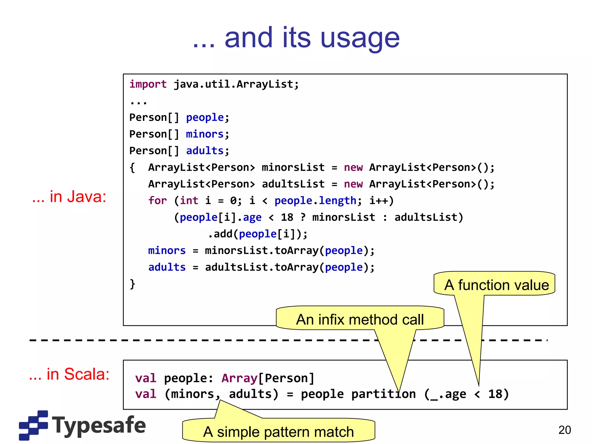 ... and its usage import  java.util.ArrayList; ... Person[]  people ; Person[]  minors ; Person[]  adults ; {  ArrayList<Person> minorsList =  new  ArrayList<Person>(); ArrayList<Person> adultsList =  new  ArrayList<Person>(); for  ( int  i = 0; i <  people . length ; i++) ( people [i]. age  < 18 ? minorsList : adultsList)   .add( people [i]); minors  = minorsList.toArray( people ); adults  = adultsList.toArray( people ); } ... in Java: ... in Scala: val  people:  Array [Person] val   (minors, adults) = people partition (_.age < 18) A simple pattern match An infix method call A function value  