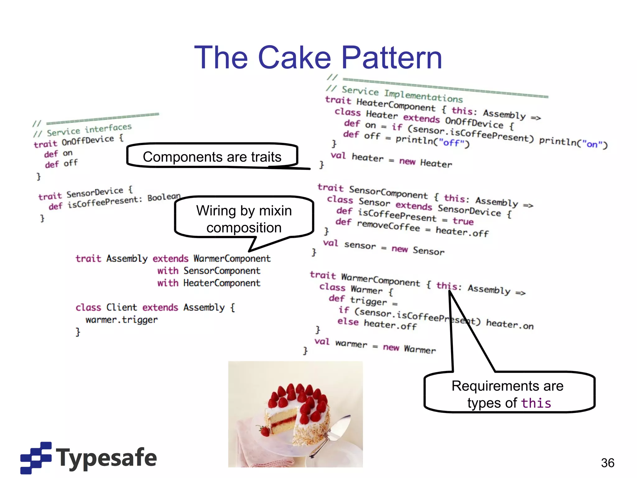 The Cake Pattern Requirements are  types of  this Components are traits Wiring by mixin composition 