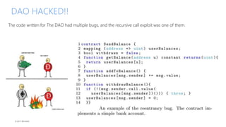 © 2017 MCHAIN
DAO HACKED!!
The code written for The DAO had multiple bugs, and the recursive call exploit was one of them.
 
