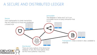 © 2017 MCHAIN
A SECURE AND DISTRIBUTED LEDGER
Secure
Uses cryptography to create transactions
that are impervious to fraud and establishes
a shared truth
Immutable
The database is “write once” so it is an
immutable record of every transaction that
occurs.
Distributed
There are many replicas of the blockchain
database. In fact, the more replicas there
are the more authentic it becomes.
Transparent : Data is stored in clear, available to
anybody
 