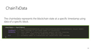 33
ChainTxData
The chaintxdata represents the blockchain state at a specific timestamp using
data of a specific block.
 