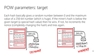 38
POW parameters: target
Each hash basically gives a random number between 0 and the maximum
value of a 256-bit number (which is huge). If the miner's hash is below the
given target (a special hash value) then he wins. If not, he increments the
nonce (completely changing the hash) and tries again.
 