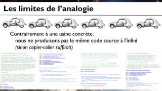 Les limites de l’analogie
Contrairement à une usine concrète,
nous ne produisons pas le même code source à l'infini
(sinon copier-coller suffirait)
 