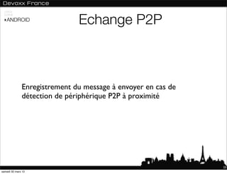 USAGE



                              Echange P2P
 NORME

 ‣ANDROID




              Enregistrement du message à envoyer en cas de
              détection de périphérique P2P à proximité




                                                              23
samedi 30 mars 13
 