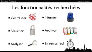 Les fonctionnalités recherchées

•   Centraliser   • Informer

•   Sécuriser     • Archiver

•   Analyser      • En temps réel
                                       9
 