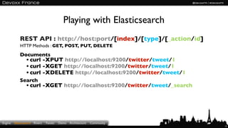 Playing with Elasticsearch
             REST API : http://host:port/[index]/[type]/[_action/id]
             HTTP Methods ...