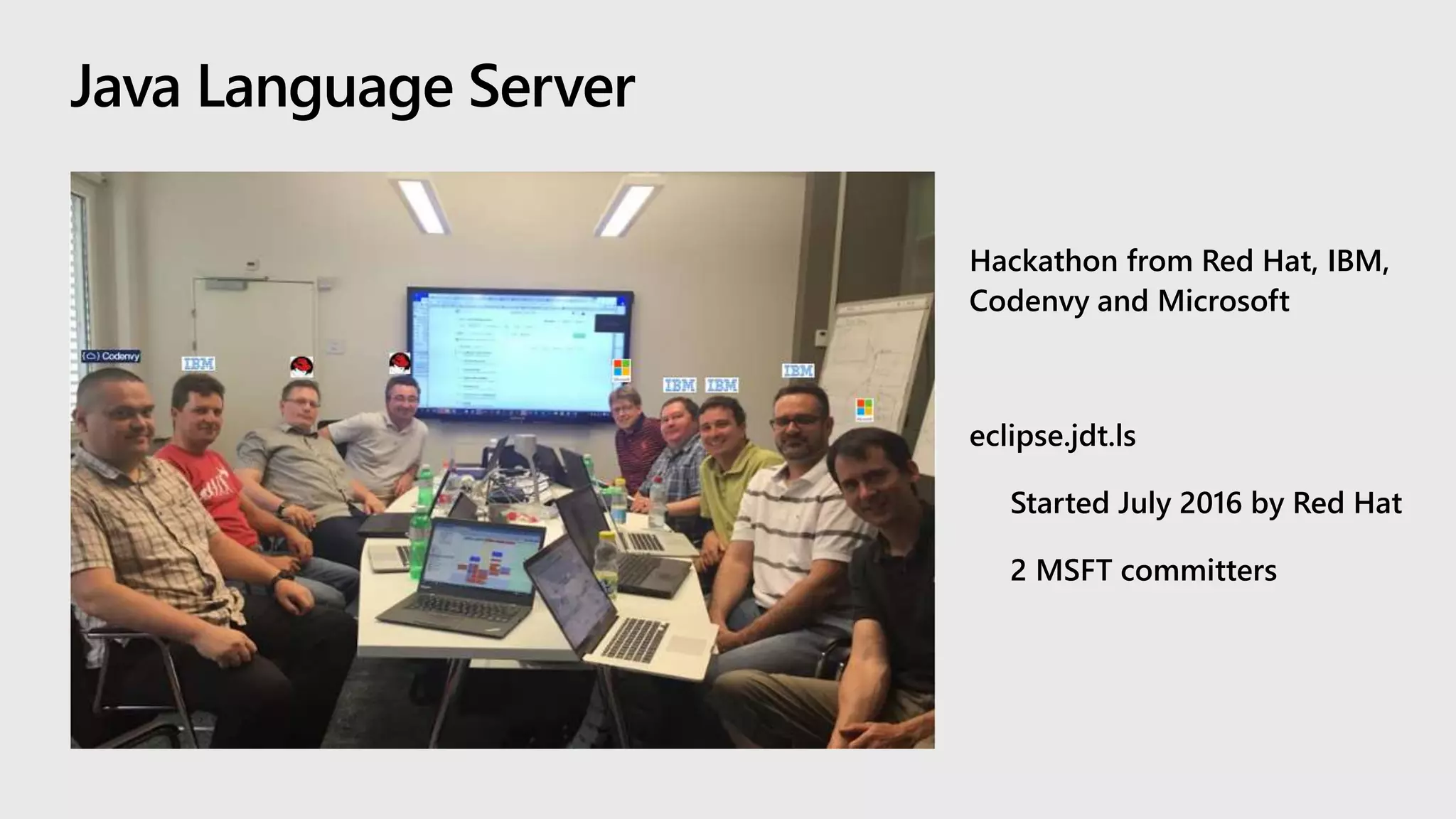 Hackathon from Red Hat, IBM,
Codenvy and Microsoft
eclipse.jdt.ls
• Started July 2016 by Red Hat
• 2 MSFT committers
 