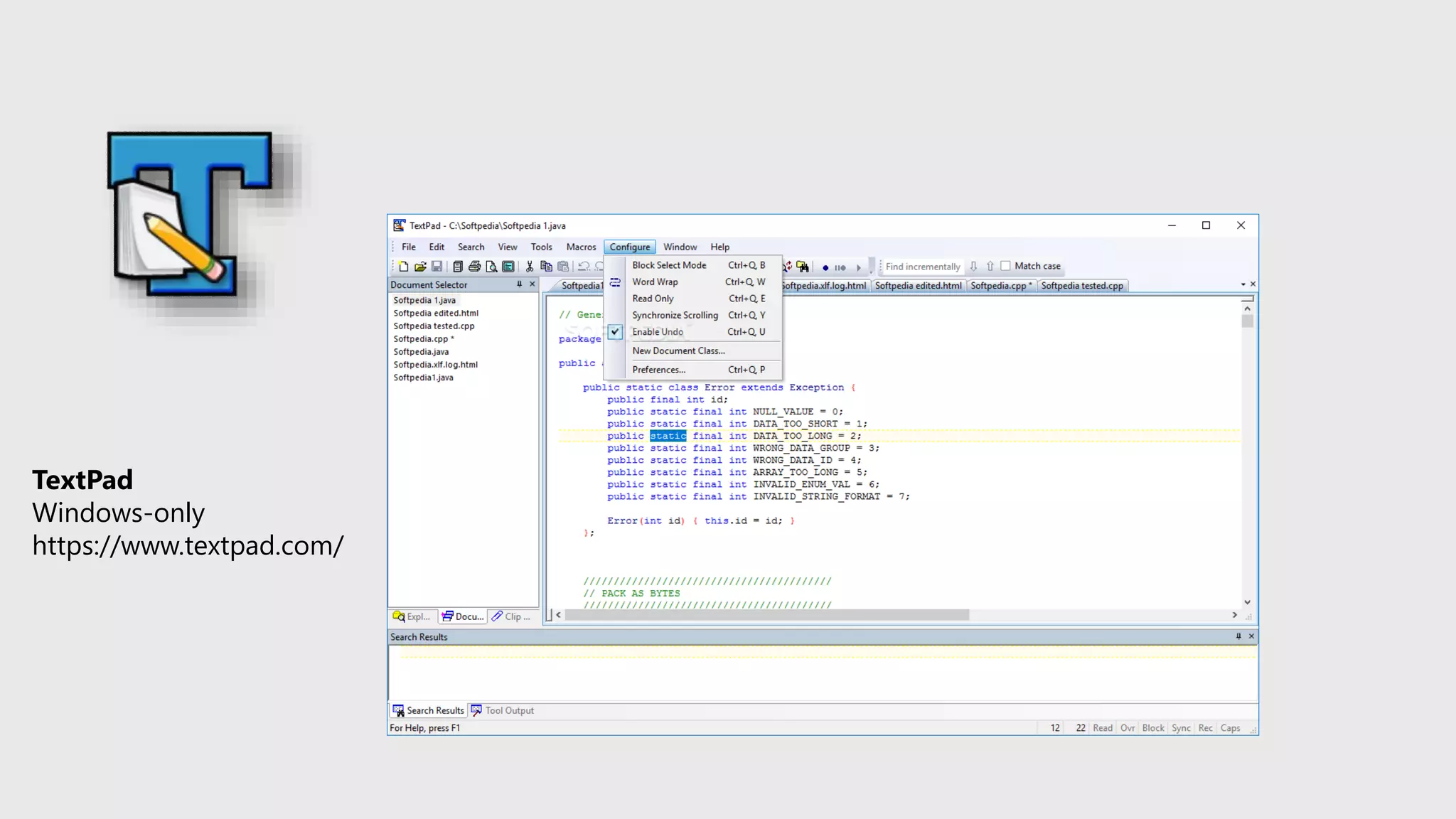 TextPad
Windows-only
https://www.textpad.com/
 