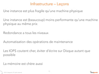 Infrastructure – Leçons
Une instance est plus fragile qu’une machine physique

Une instance est (beaucoup) moins performante qu’une machine
physique au même prix

Redondance a tous les niveaux

Automatisation des opérations de maintenance

Les IOPS coutent cher, éviter d’écrire sur Disque autant que
possible

La mémoire est chère aussi

                                                        12
    ©2012 Ifeelgoods, All rights reserved.
 