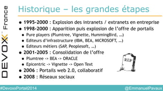 @EmmanuelPavaux#DevoxxPortail2014
Historique – les grandes étapes
•1995-2000 : Explosion des intranets / extranets en entreprise
•1998-2000 : Apparition puis explosion de l’offre de portails
• Pure players (Plumtree, Vignette, HummingBird, …)
• Editeurs d’infrastructure (IBM, BEA, MICROSOFT, …)
• Editeurs métiers (SAP, Peoplesoft, …)
•2001-2005 : Consolidation de l’offre
• Plumtree -> BEA -> ORACLE
• Epicentric -> Vignette -> Open Text
•2006 : Portails web 2.0, collaboratif
•2008 : Réseaux sociaux
 
