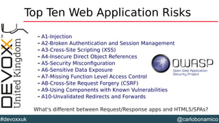 @carlobonamico#devoxxuk
Top Ten Web Application Risks
– A1-Injection
– A2-Broken Authentication and Session Management
– A3-Cross-Site Scripting (XSS)
– A4-Insecure Direct Object References
– A5-Security Misconfiguration
– A6-Sensitive Data Exposure
– A7-Missing Function Level Access Control
– A8-Cross-Site Request Forgery (CSRF)
– A9-Using Components with Known Vulnerabilities
– A10-Unvalidated Redirects and Forwards
What's different between Request/Response apps and HTML5/SPAs?
 
