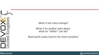 @carlobonamico#devoxxuk
What if the rules change?
What if an auditor asks about
what an “editor” can do?
Real-world cases tend to be more complex!
 