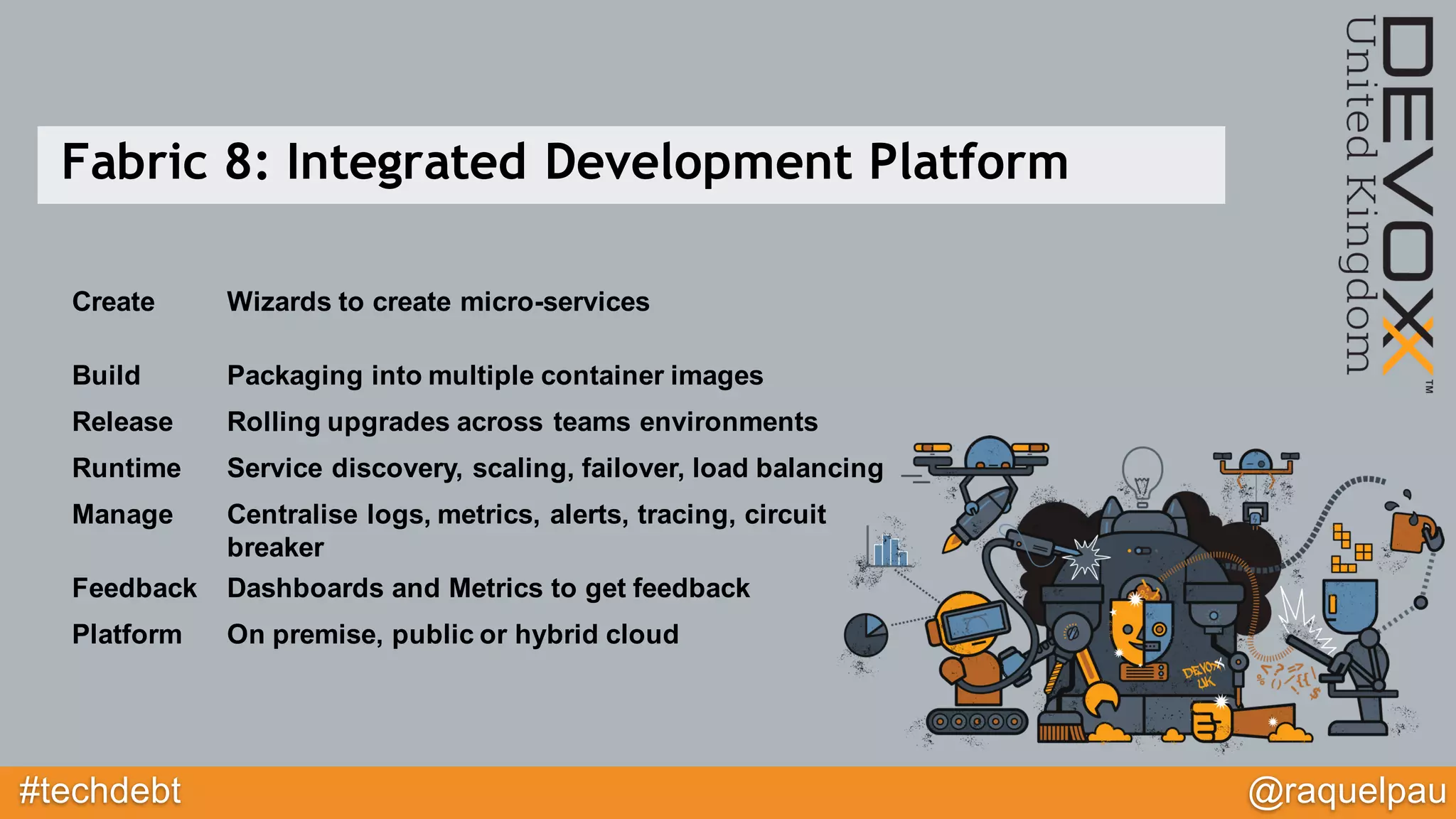 #techdebt @raquelpau
Fabric 8: Integrated Development Platform
Create Wizards to create micro-services
Build Packaging into multiple container images
Release Rolling upgrades across teams environments
Runtime Service discovery, scaling, failover, load balancing
Manage Centralise logs, metrics, alerts, tracing, circuit
breaker
Feedback Dashboards and Metrics to get feedback
Platform On premise, public or hybrid cloud
 