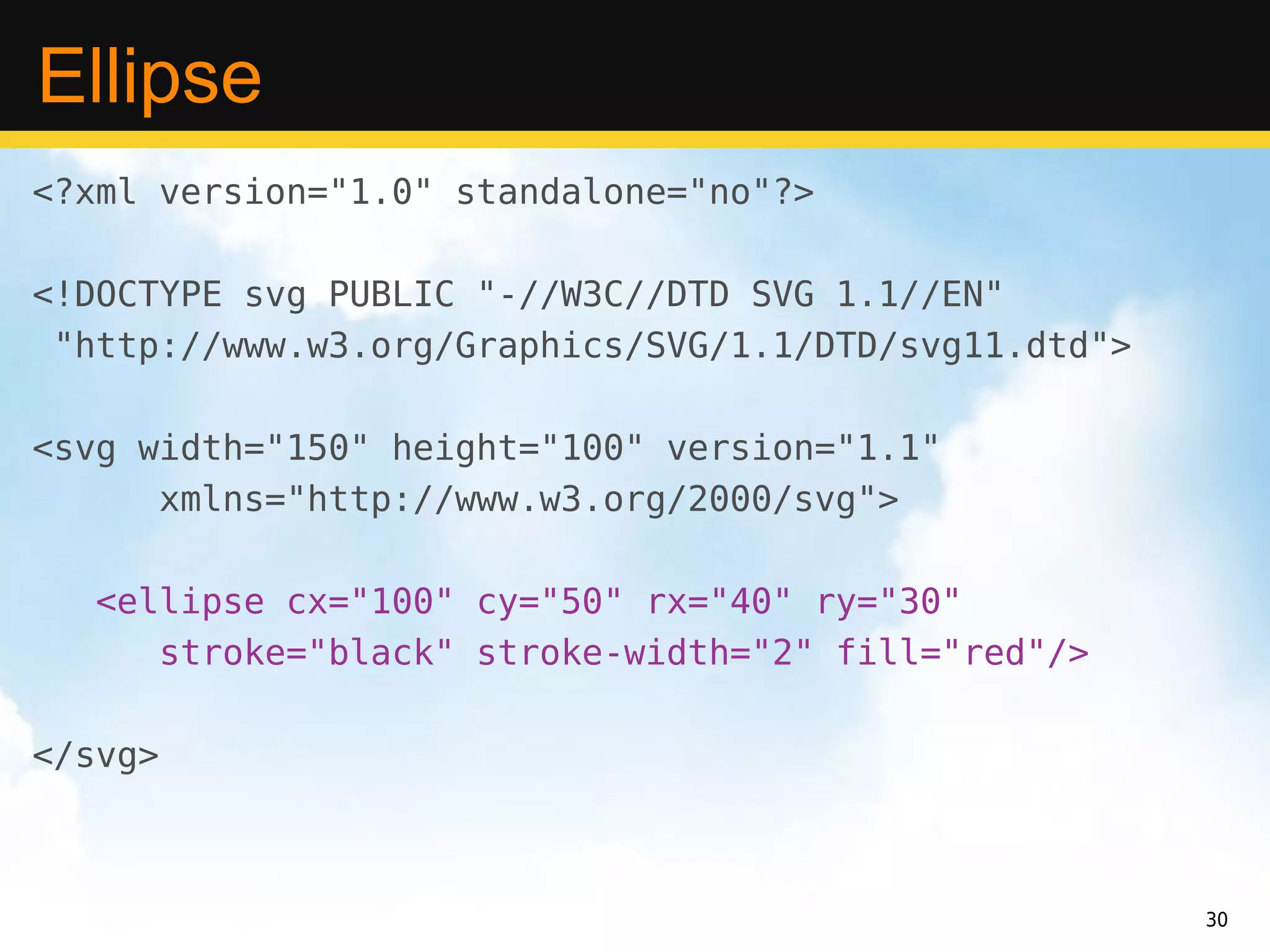Ellipse
<?xml version="1.0" standalone="no"?>

<!DOCTYPE svg PUBLIC "-//W3C//DTD SVG 1.1//EN"
 "http://www.w3.org/Graphics/SVG/1.1/DTD/svg11.dtd">

<svg width="150" height="100" version="1.1"
      xmlns="http://www.w3.org/2000/svg">

  <ellipse cx="100" cy="50" rx="40" ry="30"
     stroke="black" stroke-width="2" fill="red"/>

</svg>



                                                       30
 