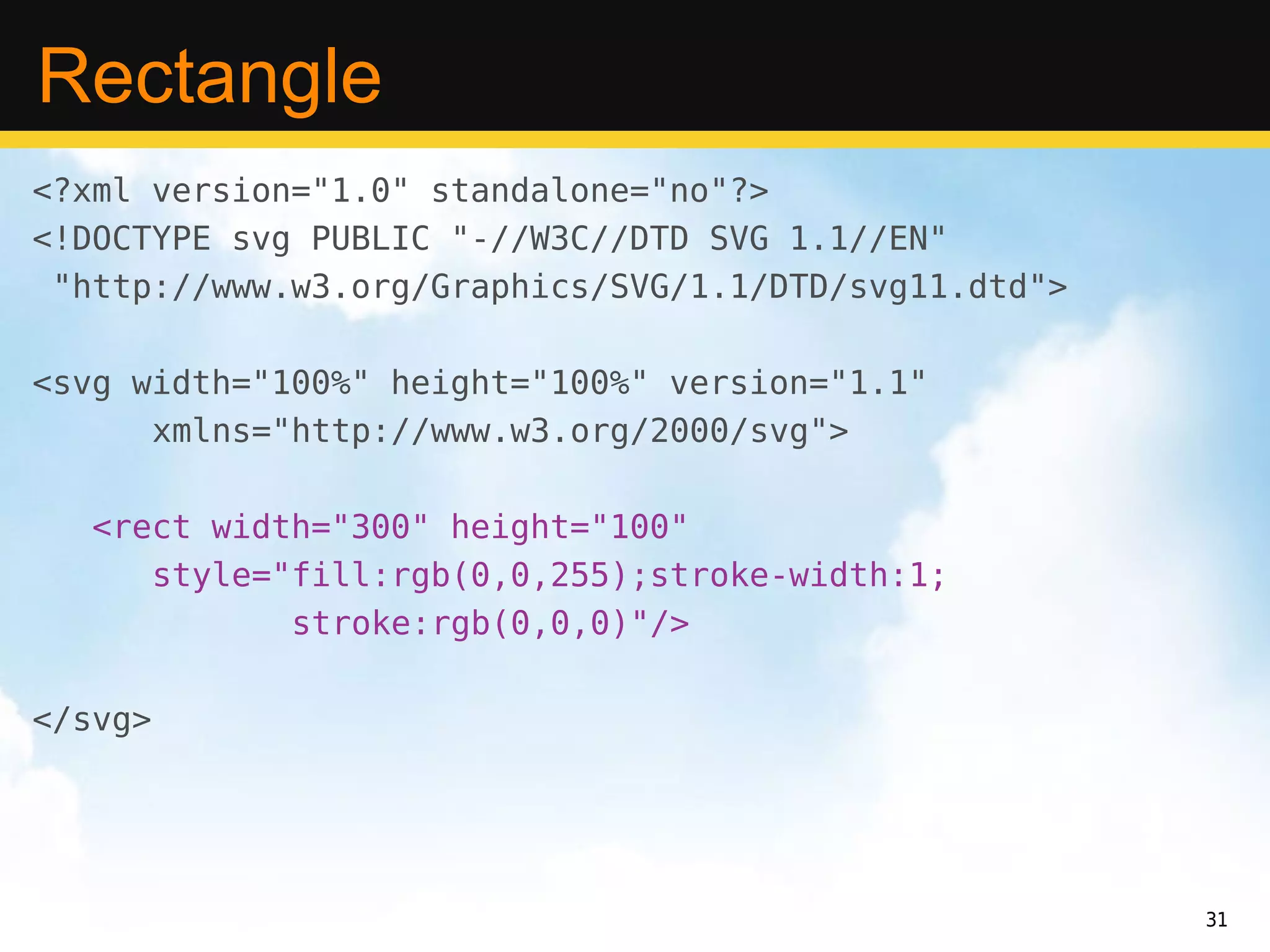 Rectangle
<?xml version="1.0" standalone="no"?>
<!DOCTYPE svg PUBLIC "-//W3C//DTD SVG 1.1//EN"
 "http://www.w3.org/Graphics/SVG/1.1/DTD/svg11.dtd">

<svg width="100%" height="100%" version="1.1"
      xmlns="http://www.w3.org/2000/svg">

   <rect width="300" height="100"
      style="fill:rgb(0,0,255);stroke-width:1;
             stroke:rgb(0,0,0)"/>

</svg>




                                                       31
 