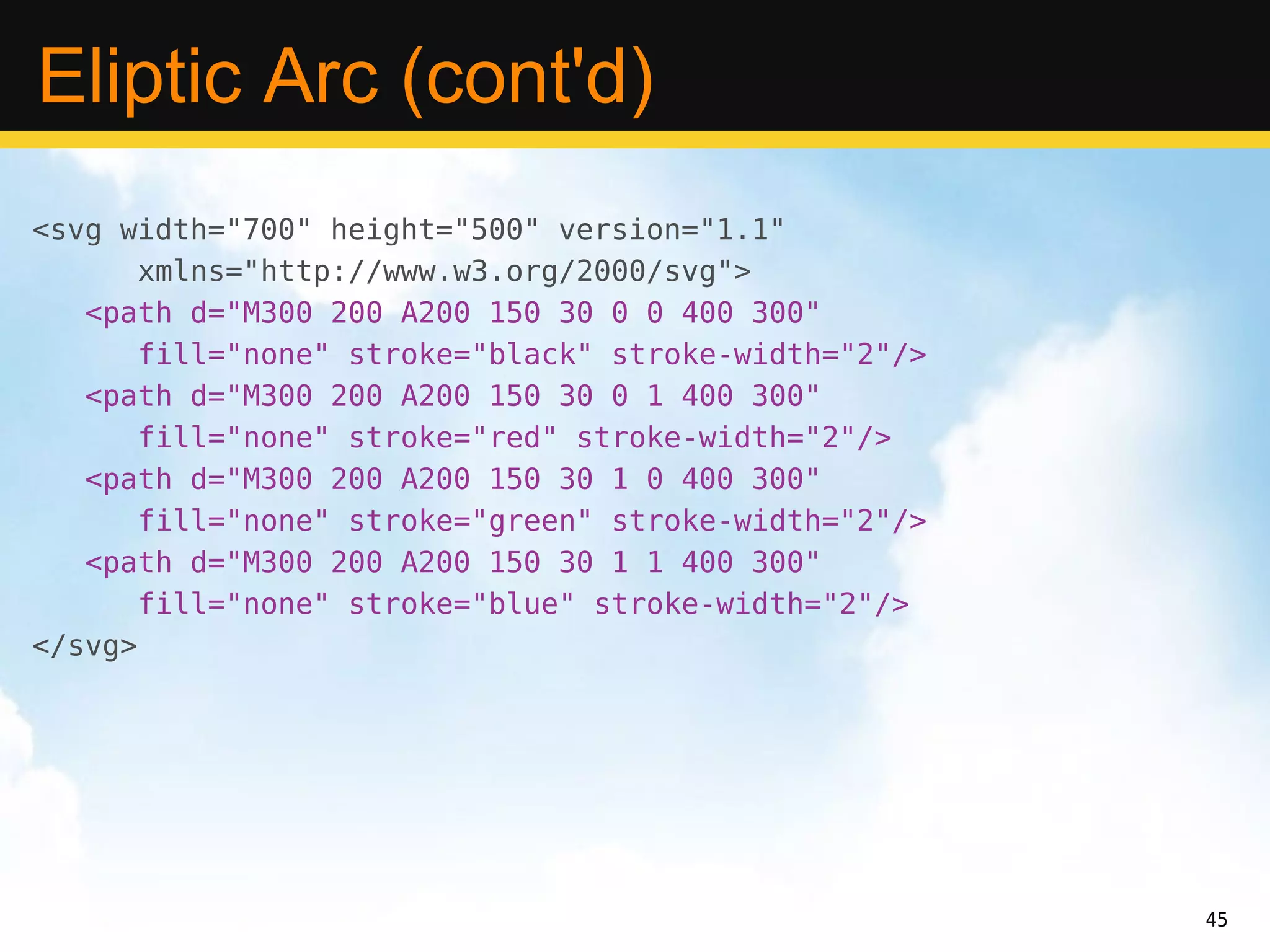 Eliptic Arc (cont'd)
<svg width="700" height="500" version="1.1"
       xmlns="http://www.w3.org/2000/svg">
   <path d="M300 200 A200 150 30 0 0 400 300"
       fill="none" stroke="black" stroke-width="2"/>
   <path d="M300 200 A200 150 30 0 1 400 300"
       fill="none" stroke="red" stroke-width="2"/>
   <path d="M300 200 A200 150 30 1 0 400 300"
       fill="none" stroke="green" stroke-width="2"/>
   <path d="M300 200 A200 150 30 1 1 400 300"
       fill="none" stroke="blue" stroke-width="2"/>
</svg>




                                                       45
 