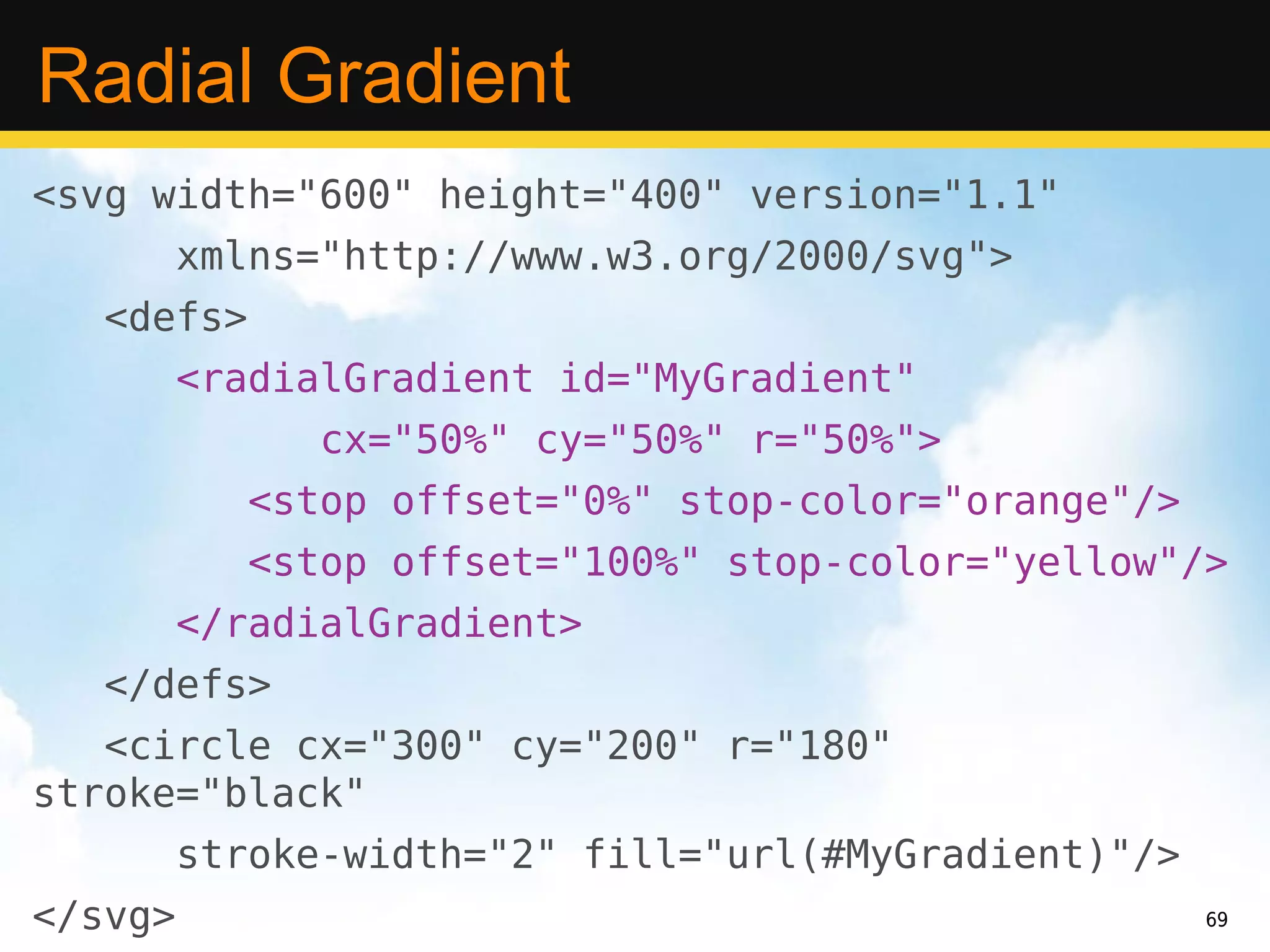 Radial Gradient
<svg width="600" height="400" version="1.1"
         xmlns="http://www.w3.org/2000/svg">
   <defs>
         <radialGradient id="MyGradient"
               cx="50%" cy="50%" r="50%">
            <stop offset="0%" stop-color="orange"/>
            <stop offset="100%" stop-color="yellow"/>
         </radialGradient>
   </defs>
   <circle cx="300" cy="200" r="180"
stroke="black"
         stroke-width="2" fill="url(#MyGradient)"/>
</svg>                                                69
 