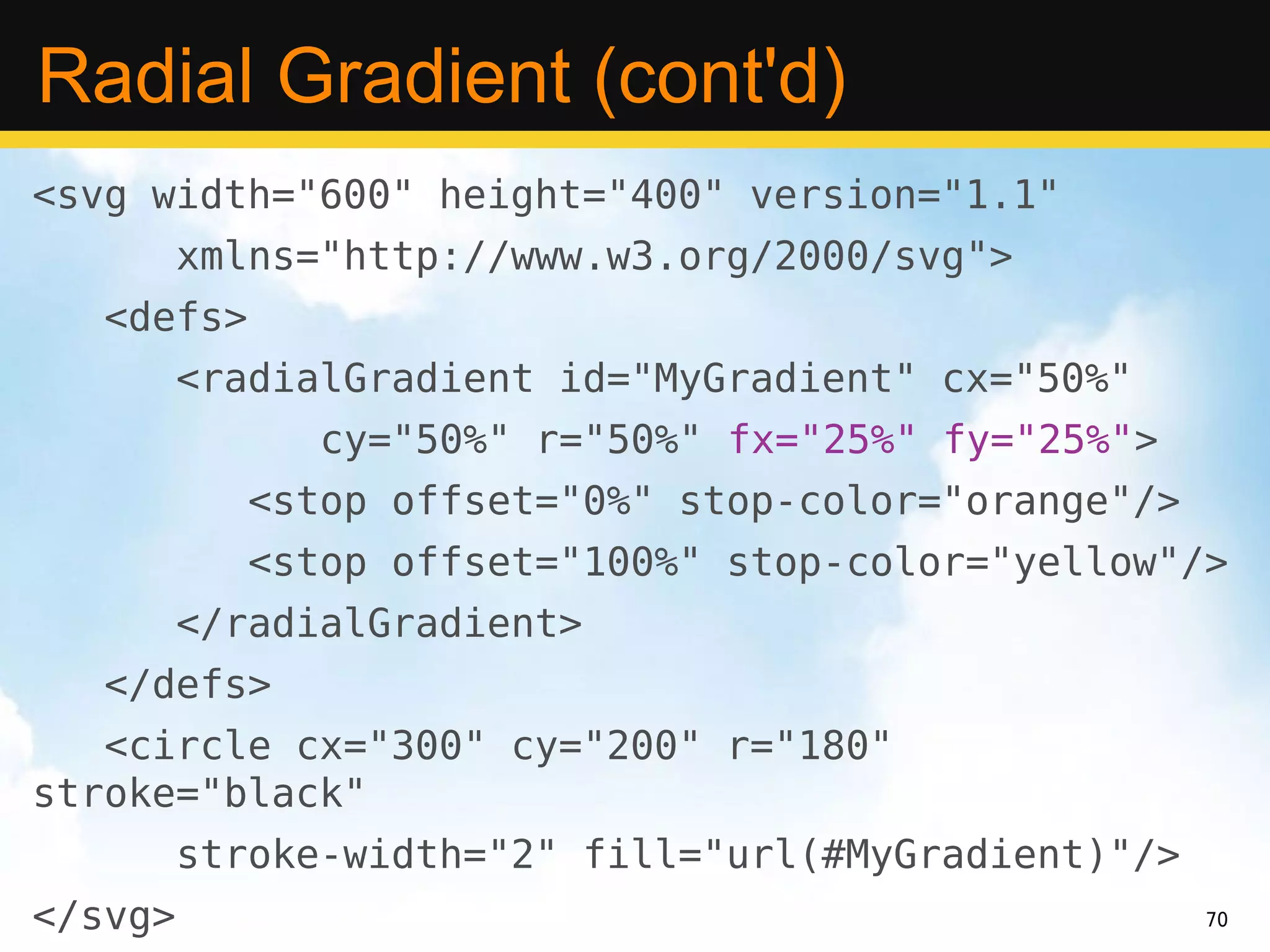 Radial Gradient (cont'd)
<svg width="600" height="400" version="1.1"
         xmlns="http://www.w3.org/2000/svg">
   <defs>
         <radialGradient id="MyGradient" cx="50%"
               cy="50%" r="50%" fx="25%" fy="25%">
            <stop offset="0%" stop-color="orange"/>
            <stop offset="100%" stop-color="yellow"/>
         </radialGradient>
   </defs>
   <circle cx="300" cy="200" r="180"
stroke="black"
         stroke-width="2" fill="url(#MyGradient)"/>
</svg>                                                70
 