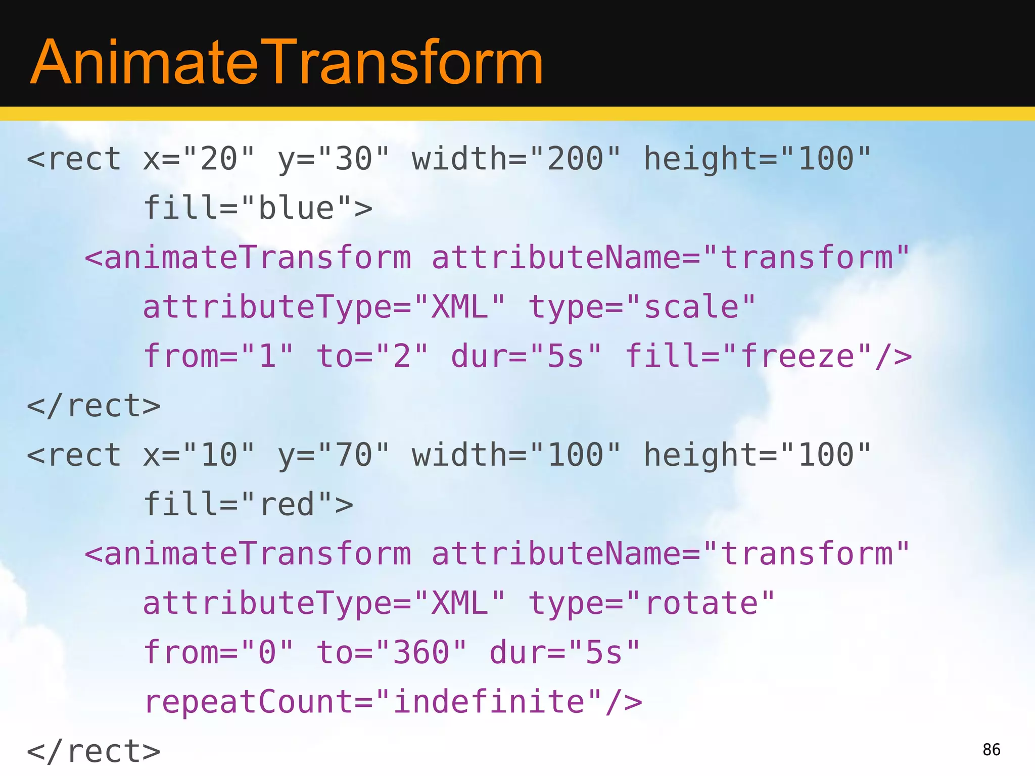 AnimateTransform
<rect x="20" y="30" width="200" height="100"
      fill="blue">
   <animateTransform attributeName="transform"
      attributeType="XML" type="scale"
      from="1" to="2" dur="5s" fill="freeze"/>
</rect>
<rect x="10" y="70" width="100" height="100"
      fill="red">
   <animateTransform attributeName="transform"
      attributeType="XML" type="rotate"
      from="0" to="360" dur="5s"
      repeatCount="indefinite"/>
</rect>                                          86
 