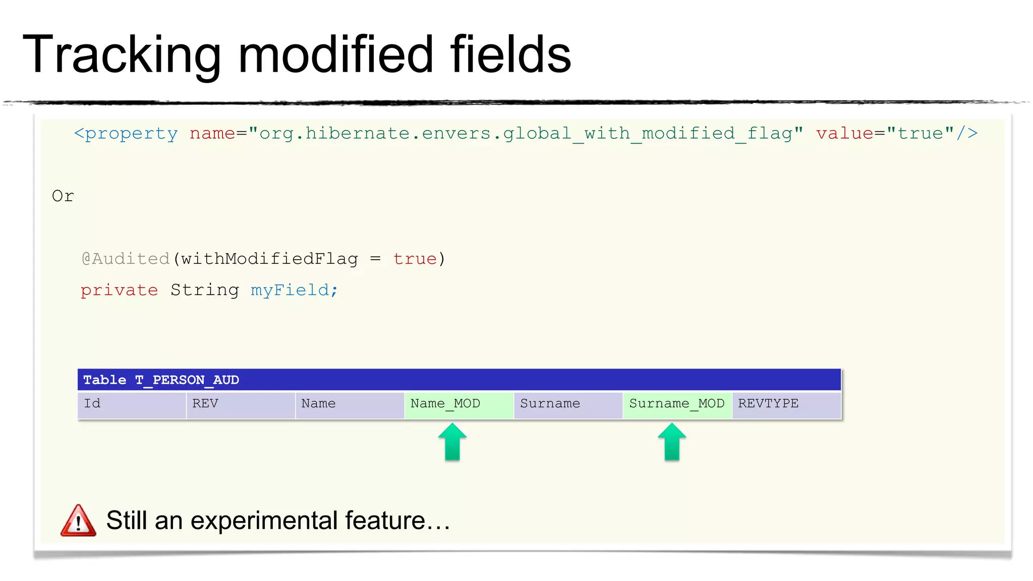 Tracking modified fields
  <property name="org.hibernate.envers.global_with_modified_flag" value="true"/>


 Or


      @Audited(withModifiedFlag = true)
      private String myField;



      Table T_PERSON_AUD
      Id          REV      Name      Name_MOD   Surname   Surname_MOD REVTYPE




           Still an experimental feature…
 