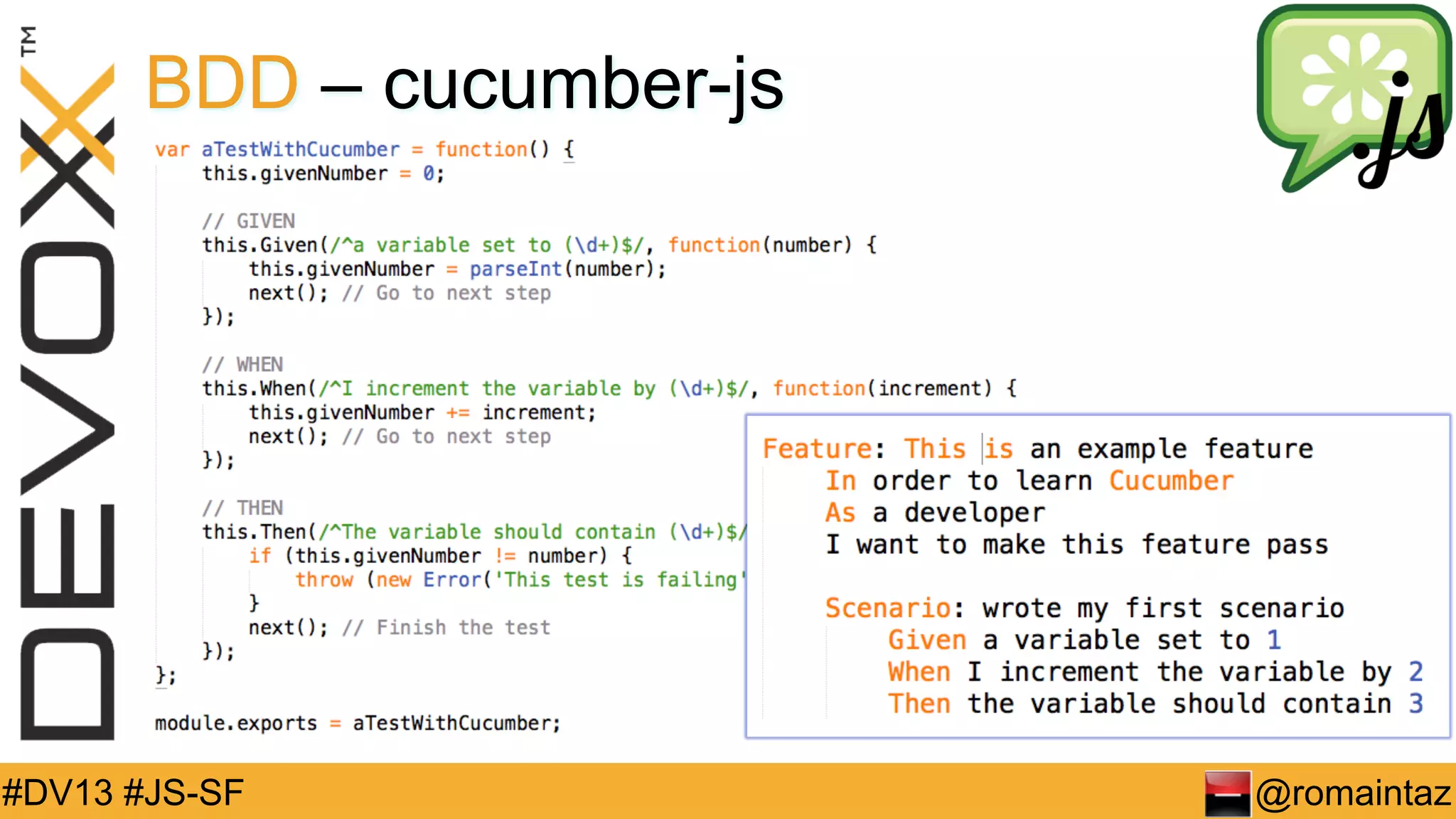 BDD – cucumber-js #DV13 #JS-SF @romaintaz 