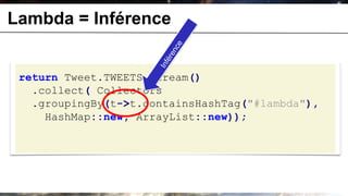 Lambda = Inférence


 return Tweet.TWEETS.stream()
   .collect( Collectors
   .groupingBy(t->t.containsHashTag("#lambda"),
     HashMap::new, ArrayList::new));
 