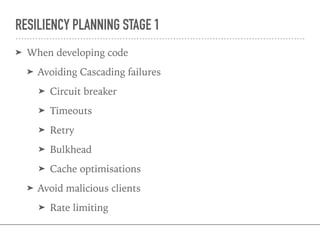 RESILIENCY PLANNING STAGE 1
➤ When developing code
➤ Avoiding Cascading failures
➤ Circuit breaker
➤ Timeouts
➤ Retry
➤ Bulkhead
➤ Cache optimisations
➤ Avoid malicious clients
➤ Rate limiting
 
