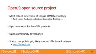 #DevoxxUS #EclipseOMR @EclipseOMR 33
OpenJ9 open source project
• Most robust extension of Eclipse OMR technology
• Port Layer, Garbage collection, Compiler, Tooling, …
• Upstream repo for Java VM projects
• Open community governance
• Status: not public yet, likely around IBM Java 9 release
• http://openj9.org
 