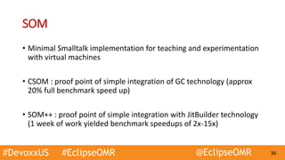 #DevoxxUS #EclipseOMR @EclipseOMR 36
SOM
• Minimal Smalltalk implementation for teaching and experimentation
with virtual machines
• CSOM : proof point of simple integration of GC technology (approx
20% full benchmark speed up)
• SOM++ : proof point of simple integration with JitBuilder technology
(1 week of work yielded benchmark speedups of 2x-15x)
 
