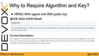 @yonlabs#Devoxx #jwtsecurity
Why to Require Algorithm and Key?
! HMAC-SHA signed with RSA public key
 