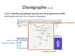 Choregraphe	
  (2.1.2)	
  
C’est	
  l’interface	
  graphique	
  qui	
  permet	
  de	
  programmer	
  NAO	
  
(téléchargeab...