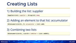 Creating Lists
1) Building the list: supplier
2) Adding an element to that list: accumulator
3) Combining two lists
Supplier<List> supplier = ArrayList::new;
BiConsumer<List<E>, E> accumulator = List::add;
BiConsumer<List<E>, List<E>> combiner = List::addAll;
 