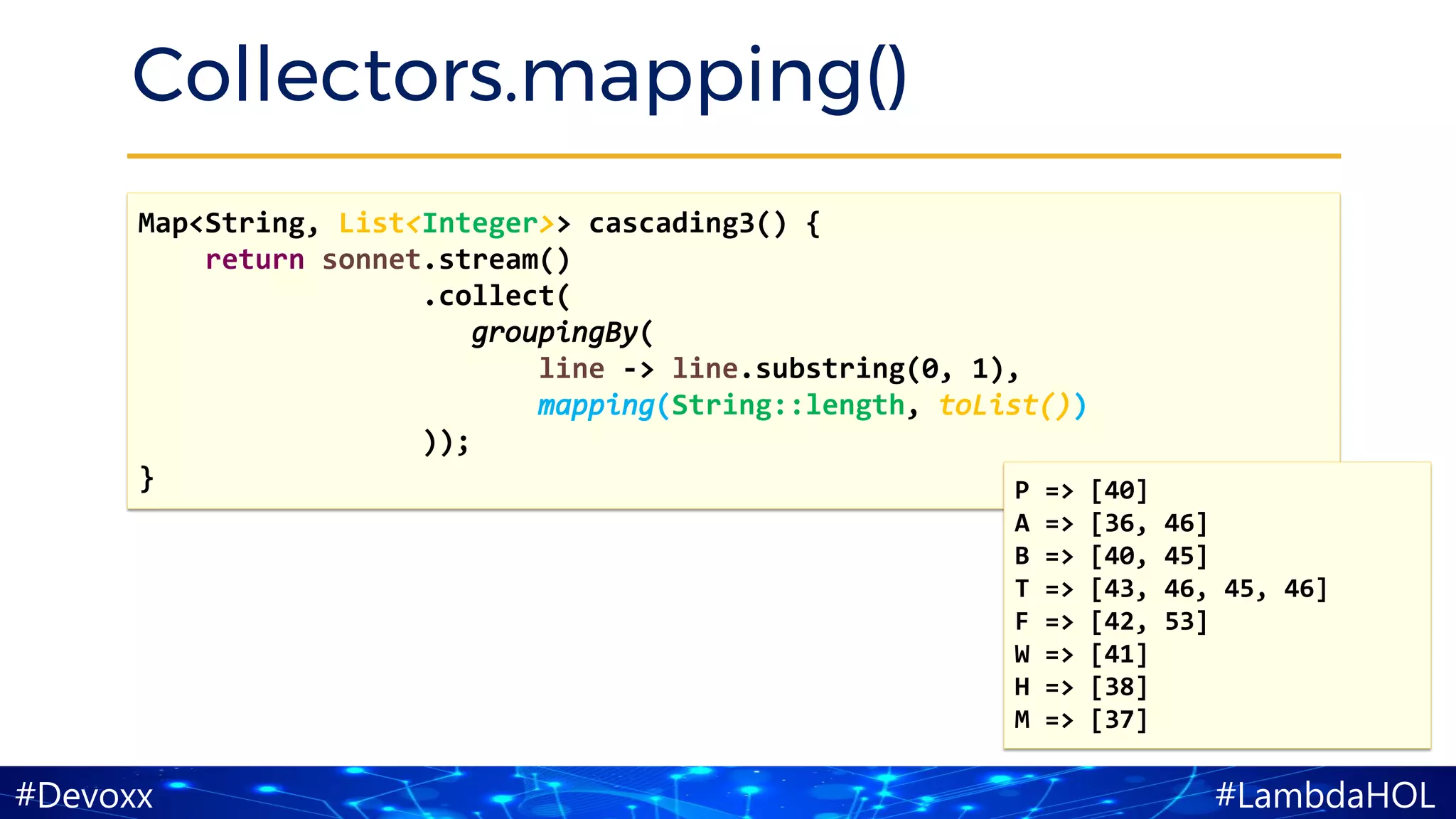 #LambdaHOL#Devoxx
Collectors.mapping()
Map<String, List<Integer>> cascading3() {
return sonnet.stream()
.collect(
groupingBy(
line -> line.substring(0, 1),
mapping(String::length, toList())
));
} P => [40]
A => [36, 46]
B => [40, 45]
T => [43, 46, 45, 46]
F => [42, 53]
W => [41]
H => [38]
M => [37]
 